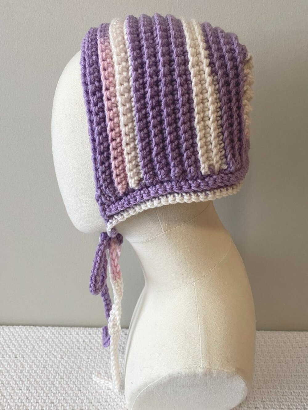 Handmade Crochet Off White Cream Purple Pink Bonnet